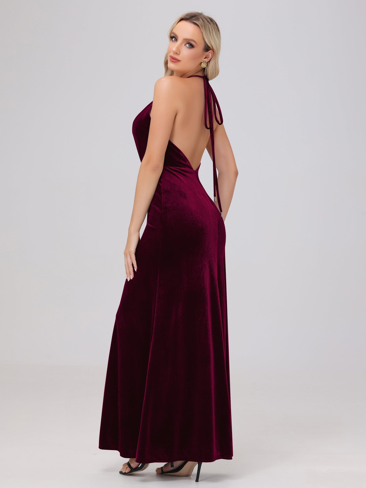 Sheath Halter Floor Length Open Back Velvet Bridesmaid Dresses