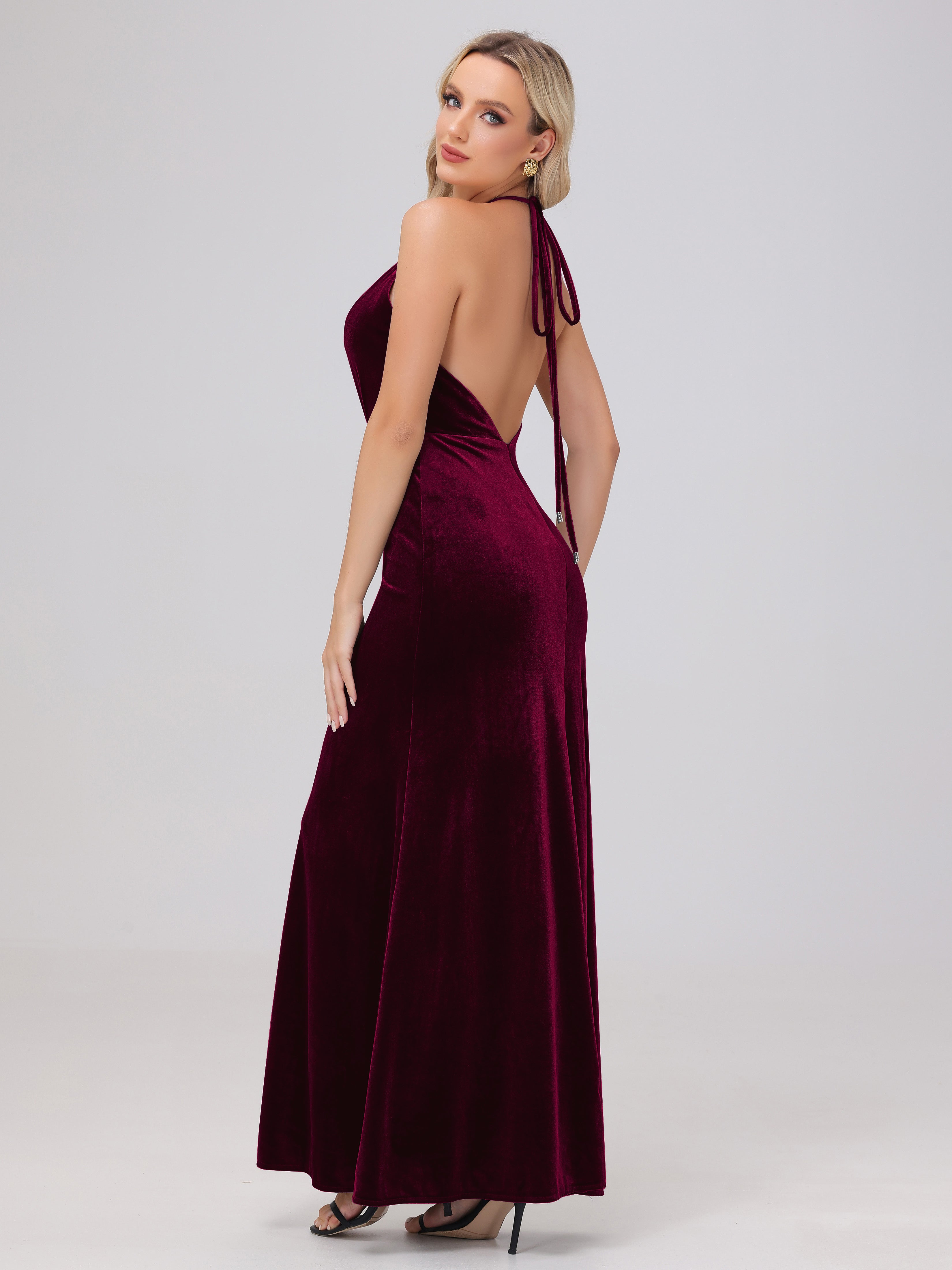 Sheath Halter Floor Length Open Back Velvet Bridesmaid Dresses