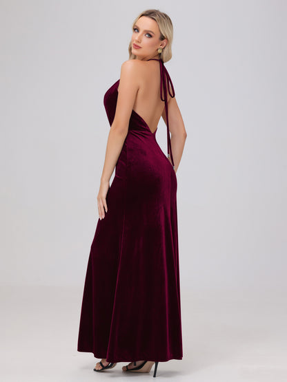 Sheath Halter Floor Length Open Back Velvet Bridesmaid Dresses
