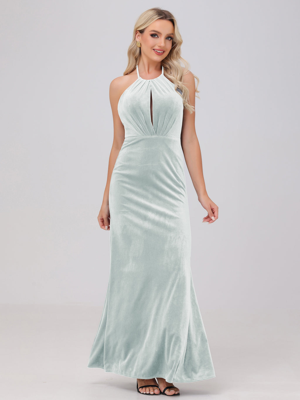 Sheath Halter Floor Length Open Back Velvet Bridesmaid Dresses