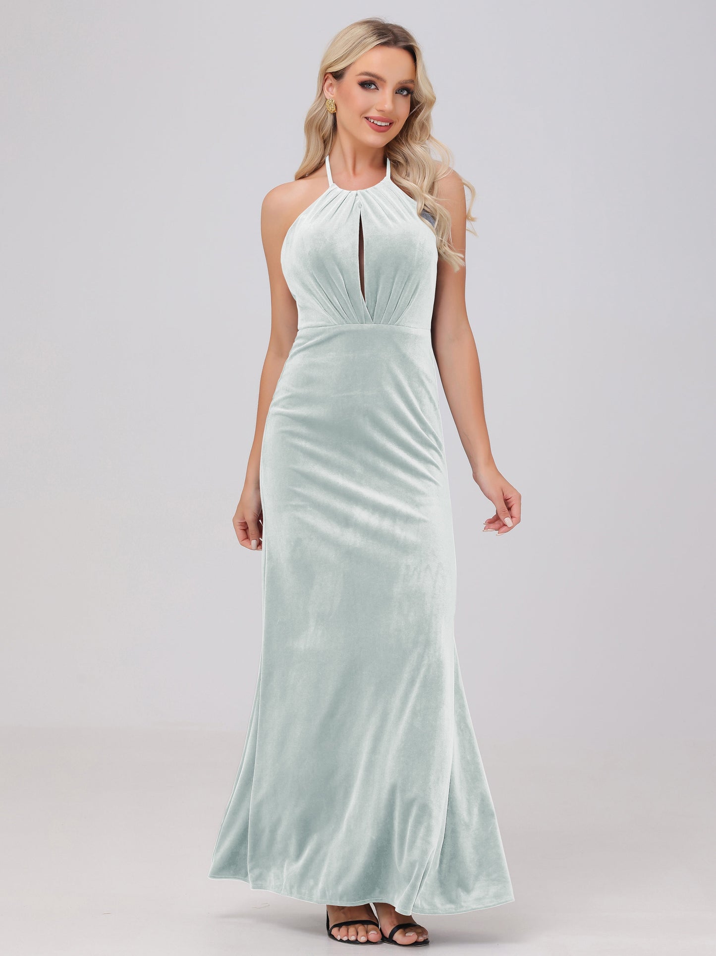 Sheath Halter Floor Length Open Back Velvet Bridesmaid Dresses