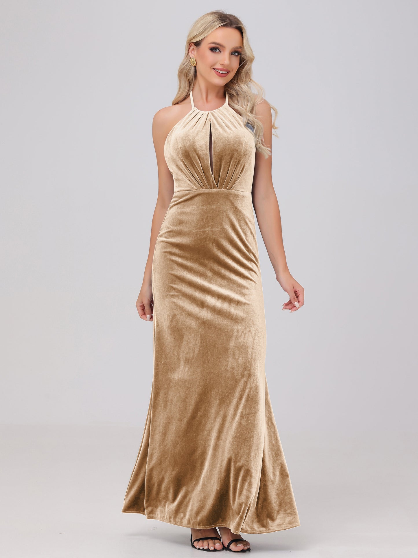 Sheath Halter Floor Length Open Back Velvet Bridesmaid Dresses