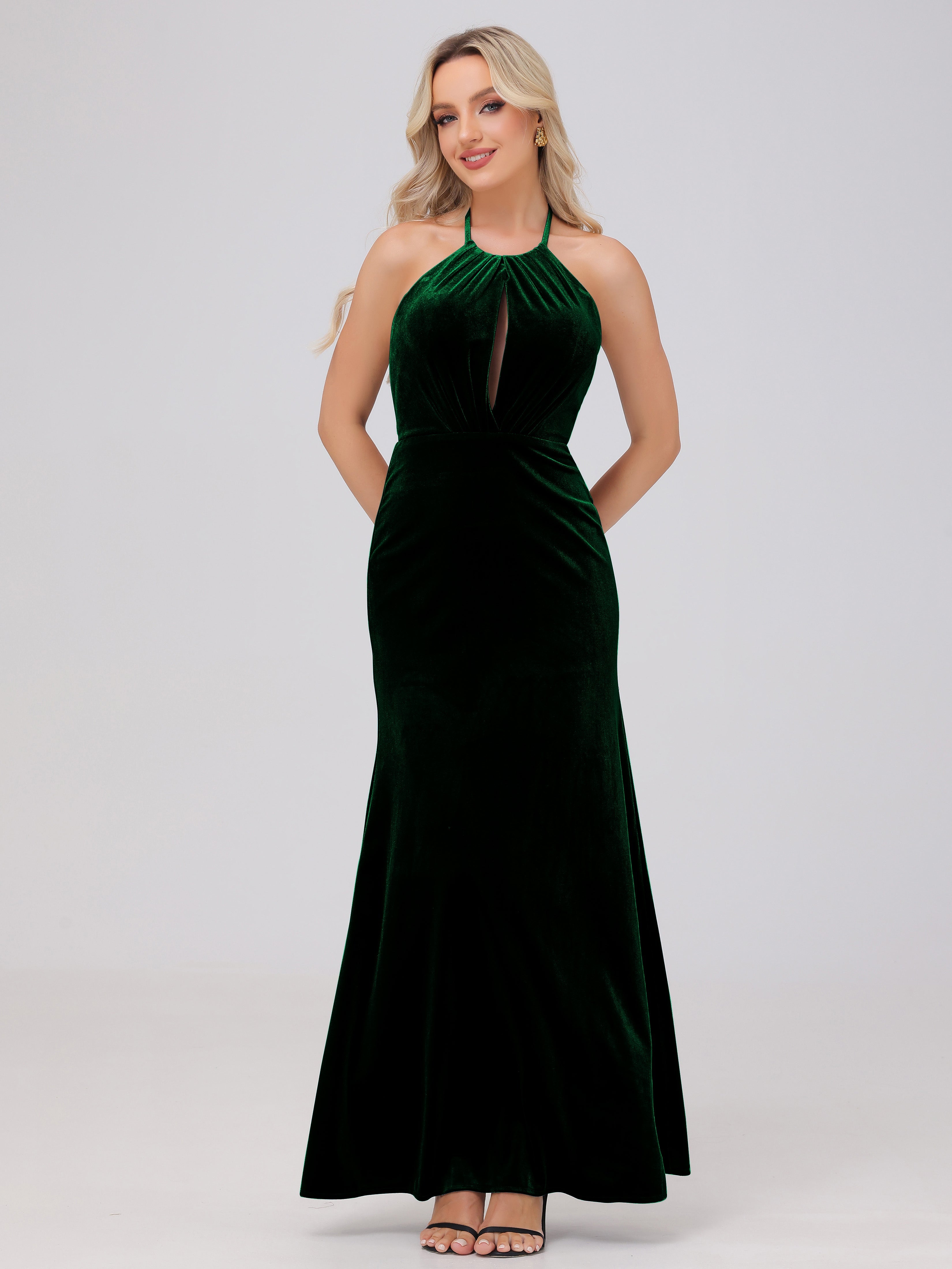 Sheath Halter Floor Length Open Back Velvet Bridesmaid Dresses