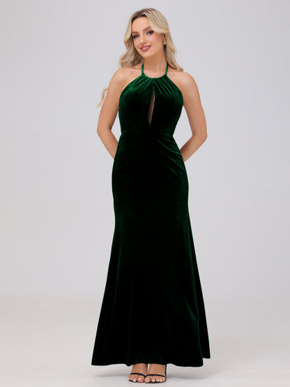 Sheath Halter Floor Length Open Back Velvet Bridesmaid Dresses