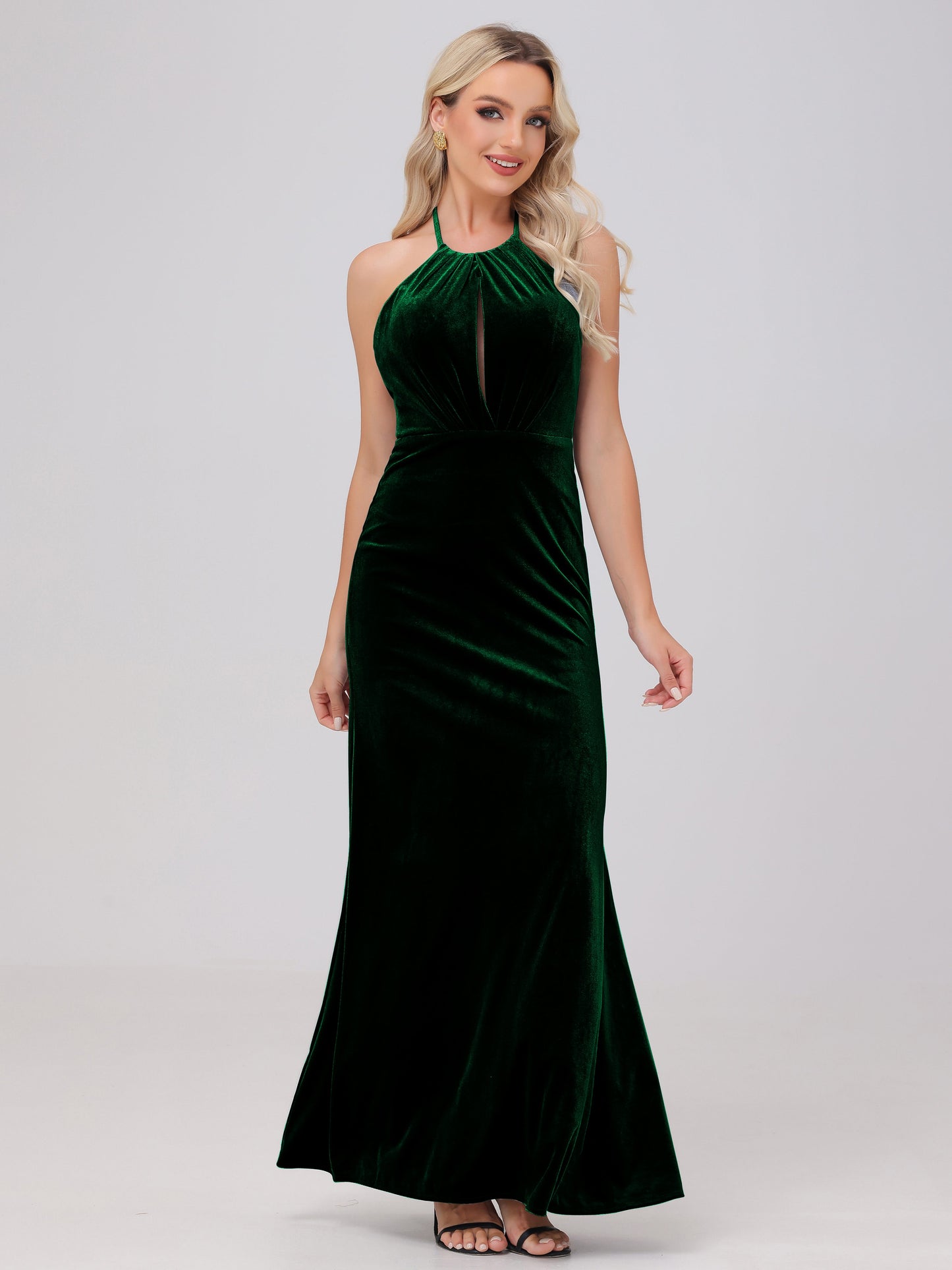 Sheath Halter Floor Length Open Back Velvet Bridesmaid Dresses