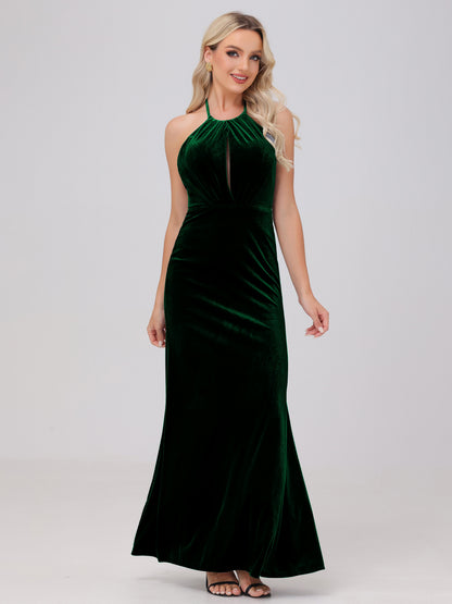 Sheath Halter Floor Length Open Back Velvet Bridesmaid Dresses