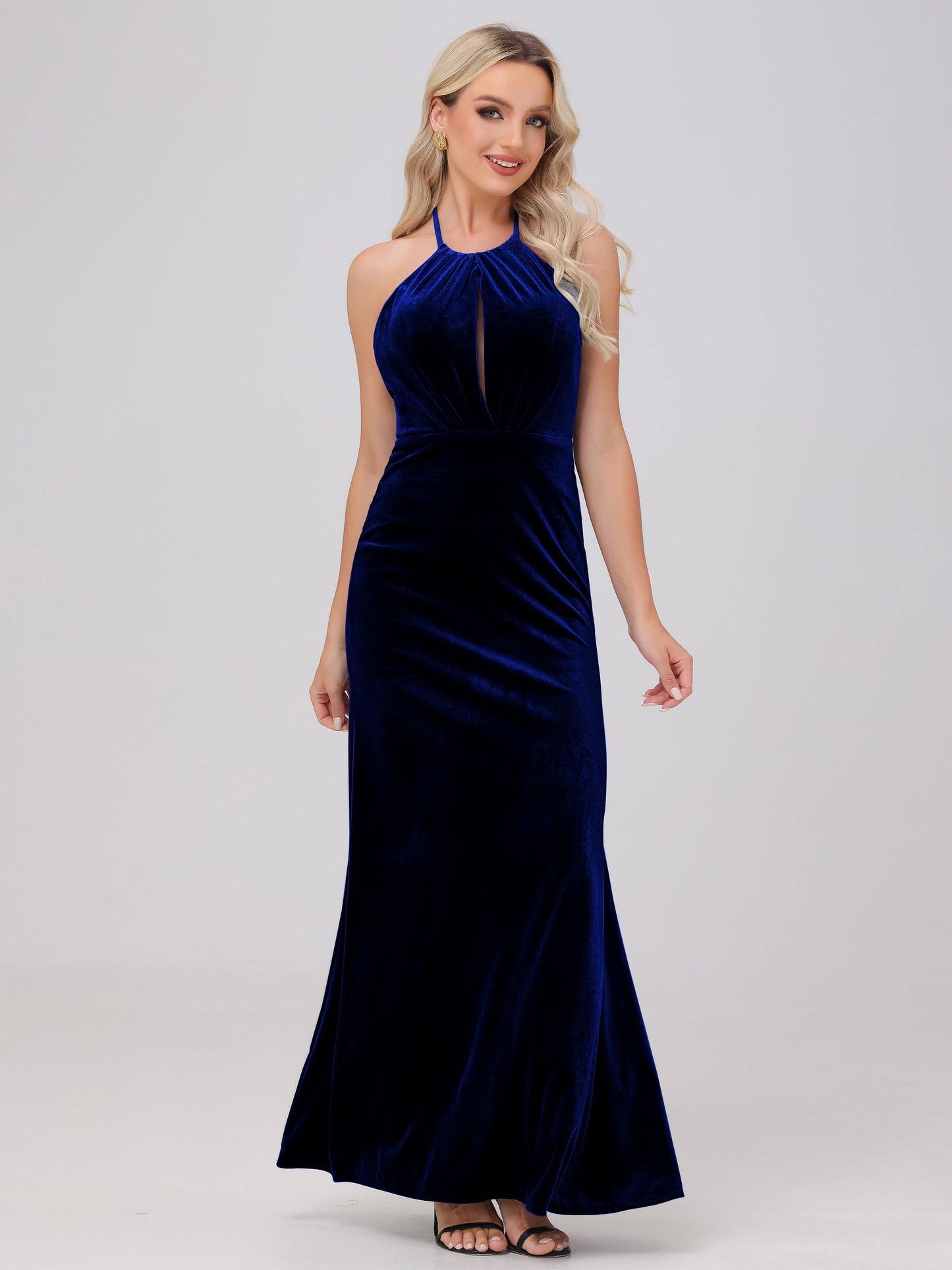 Sheath Halter Floor Length Open Back Velvet Bridesmaid Dresses