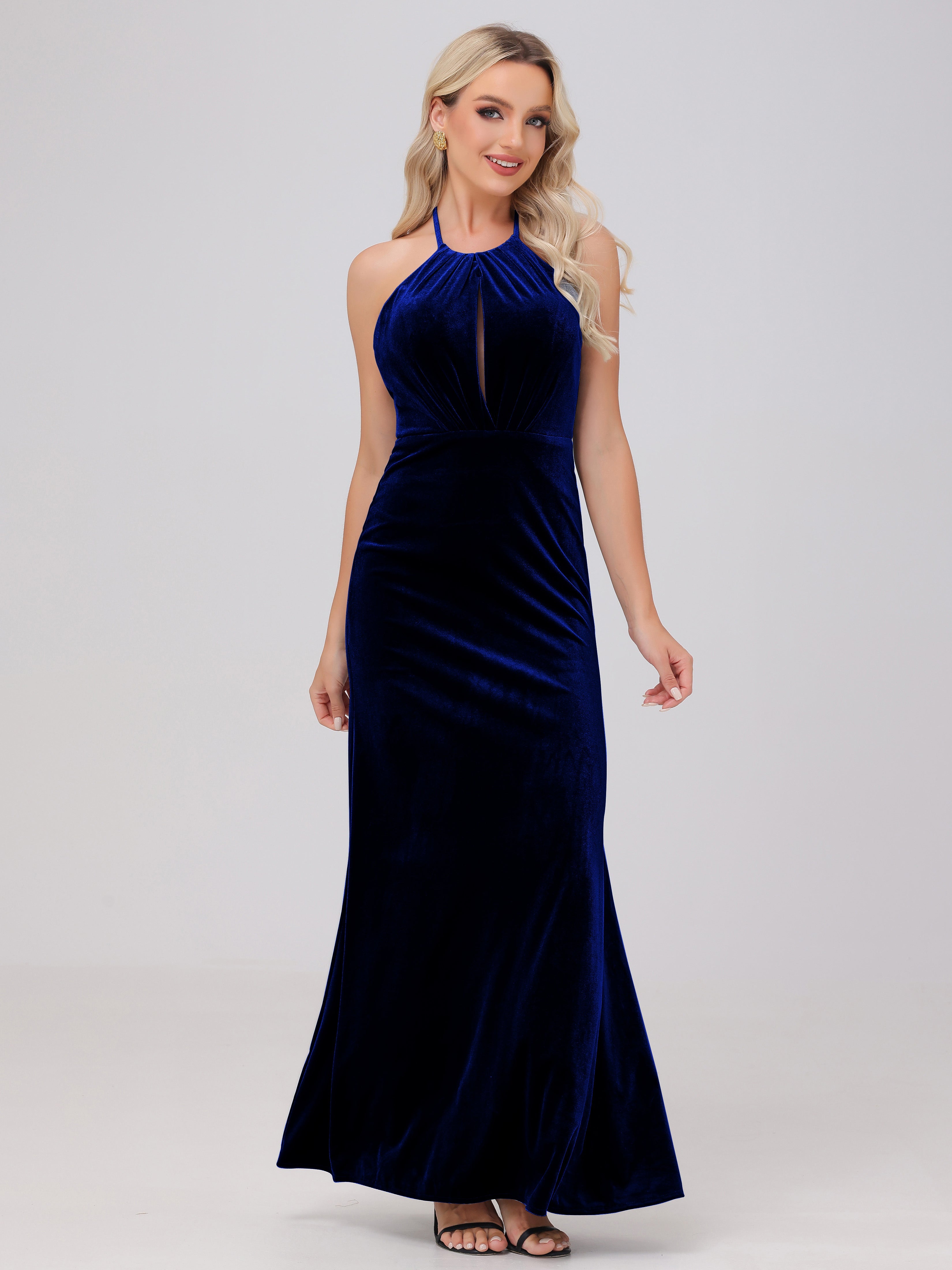Sheath Halter Floor Length Open Back Velvet Bridesmaid Dresses