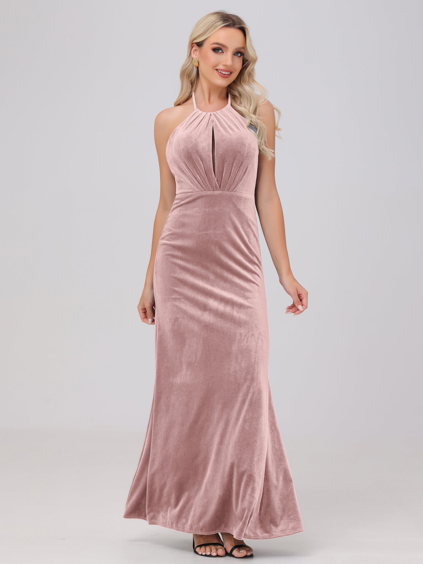 Sheath Halter Floor Length Open Back Velvet Bridesmaid Dresses