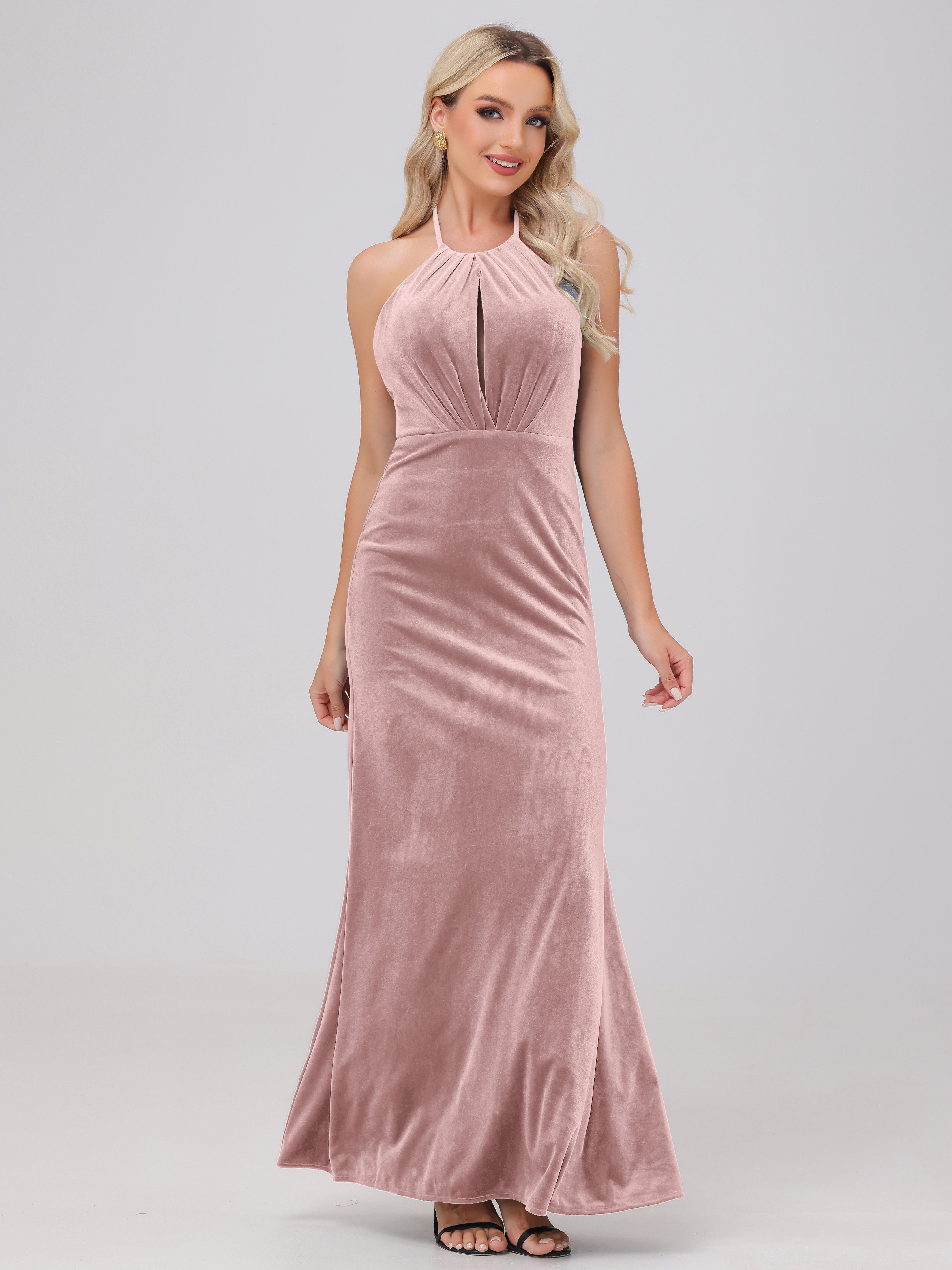 Sheath Halter Floor Length Open Back Velvet Bridesmaid Dresses