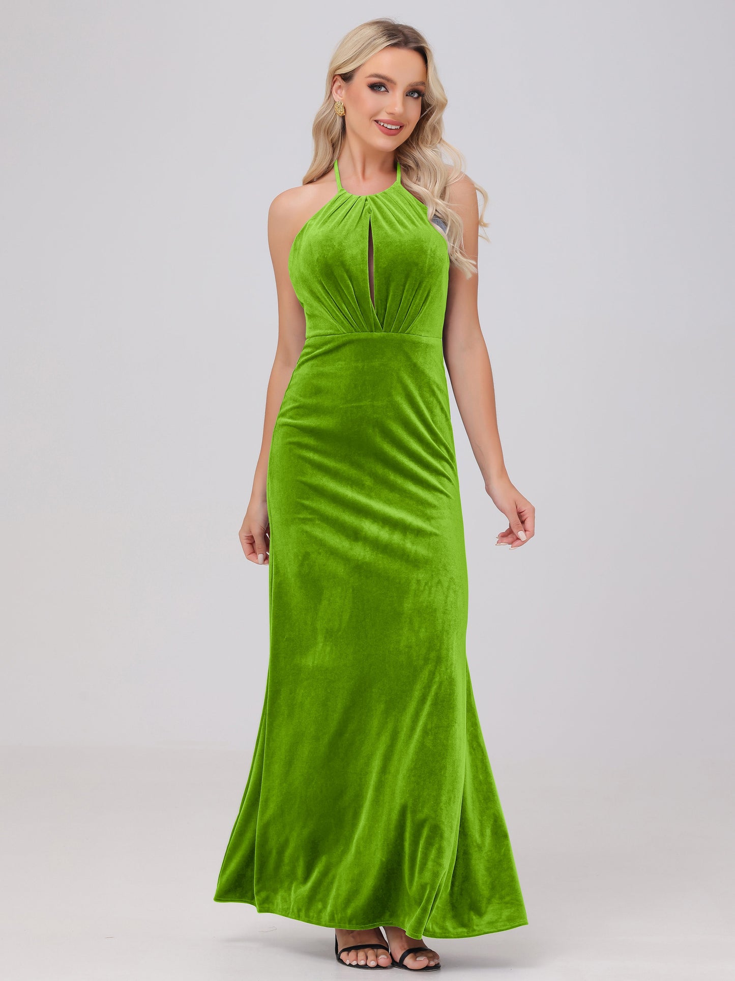 Sheath Halter Floor Length Open Back Velvet Bridesmaid Dresses