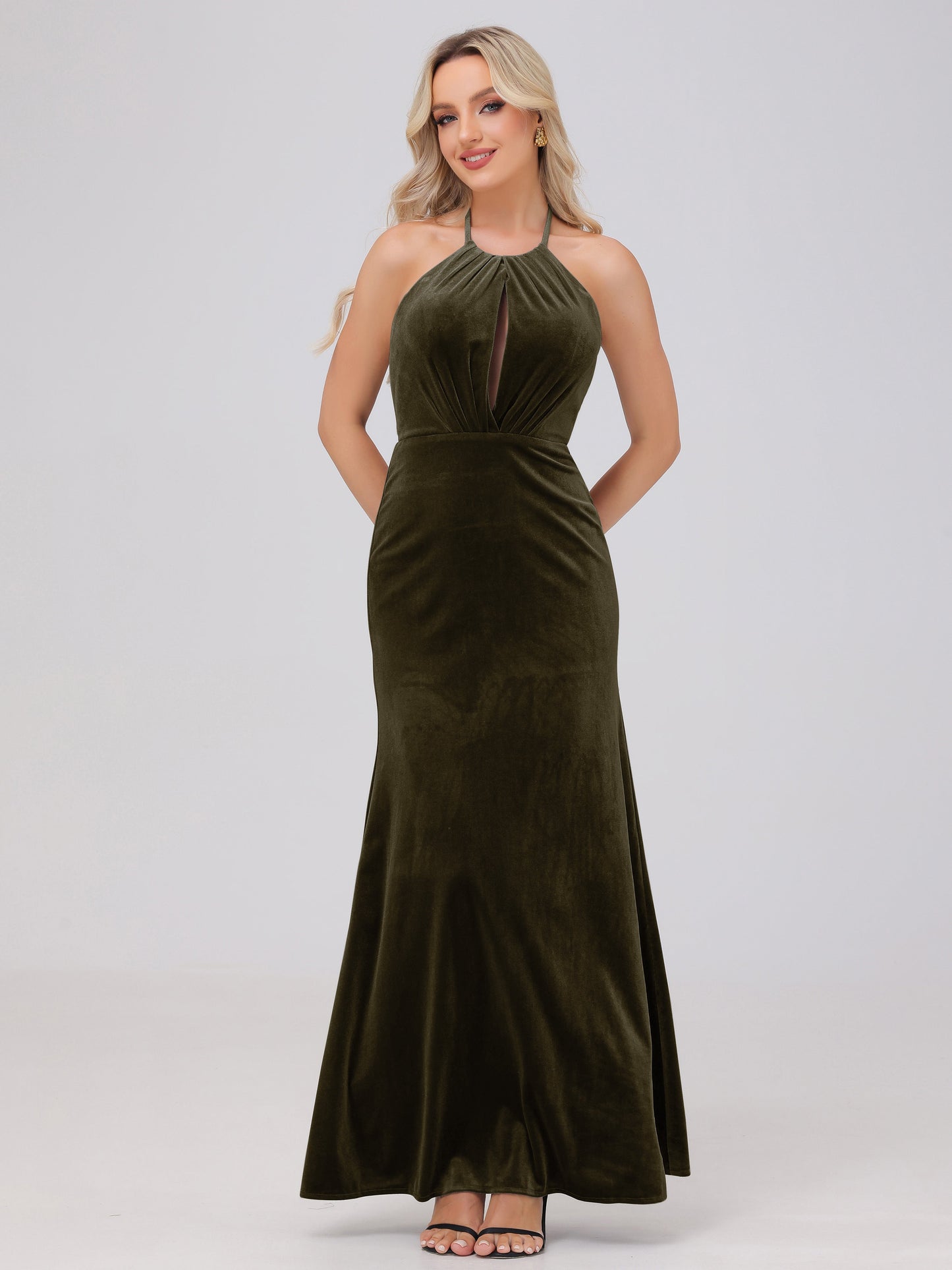 Sheath Halter Floor Length Open Back Velvet Bridesmaid Dresses
