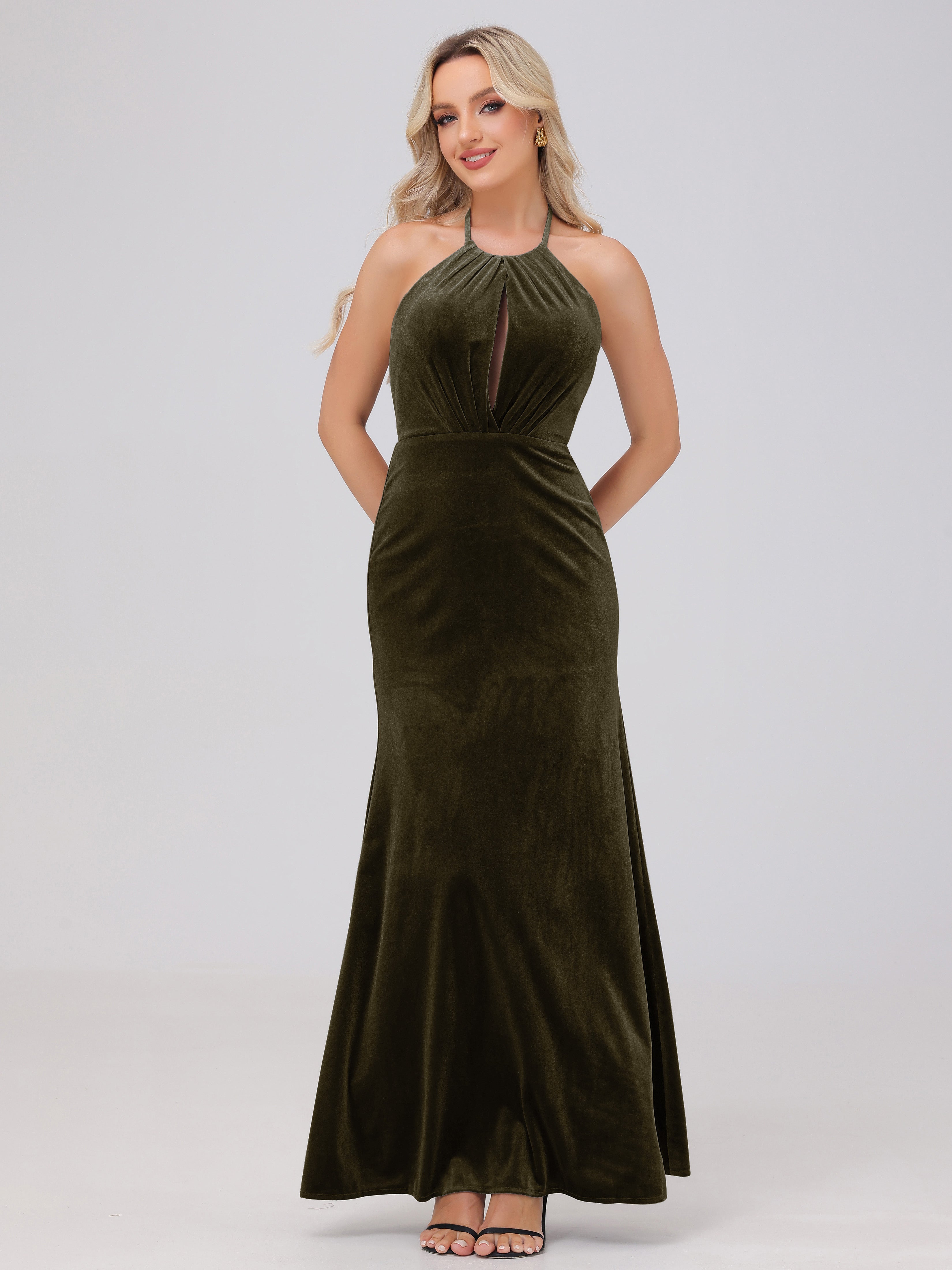 Sheath Halter Floor Length Open Back Velvet Bridesmaid Dresses