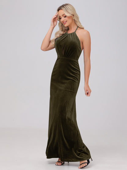 Sheath Halter Floor Length Open Back Velvet Bridesmaid Dresses