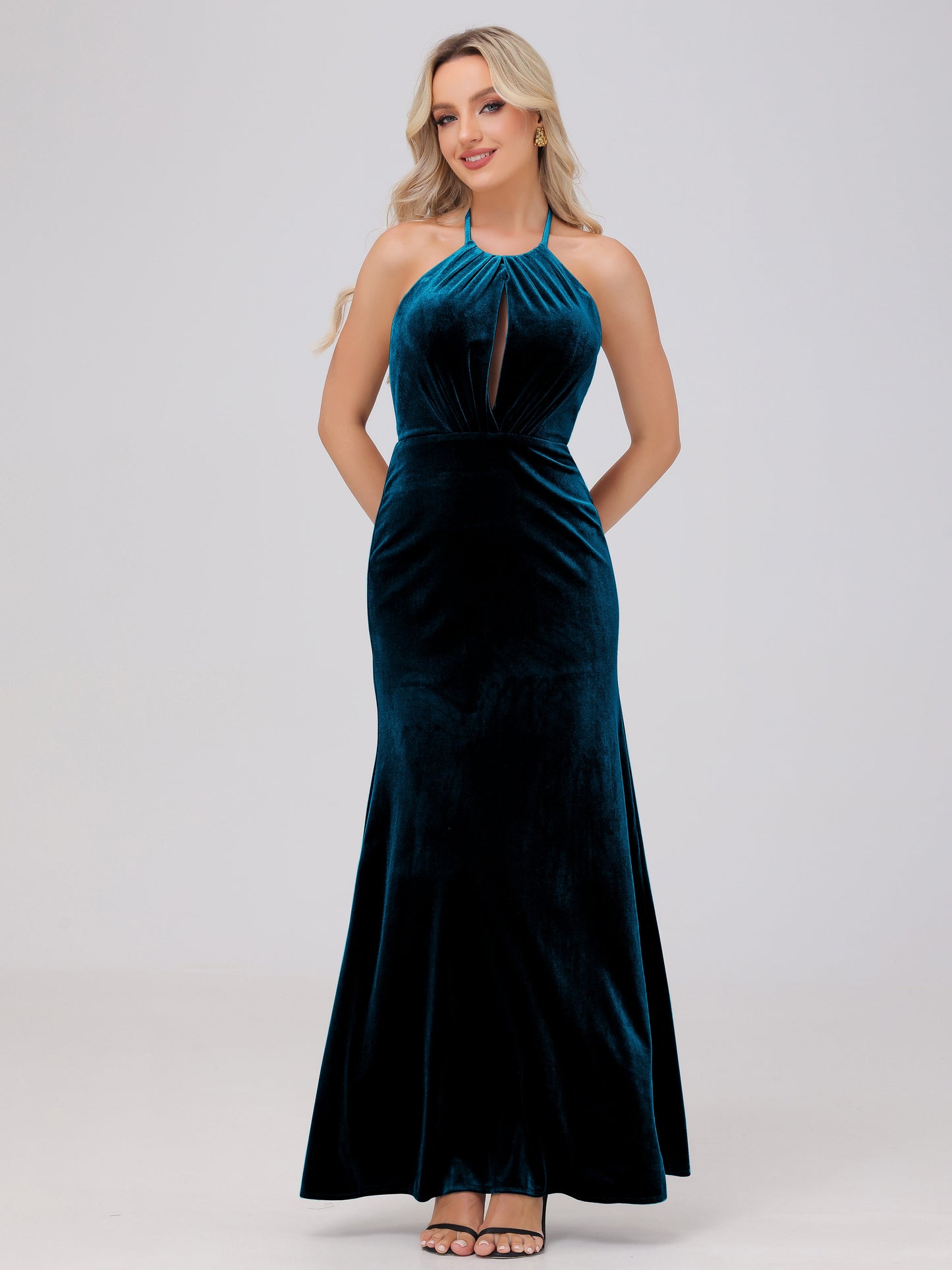 Sheath Halter Floor Length Open Back Velvet Bridesmaid Dresses