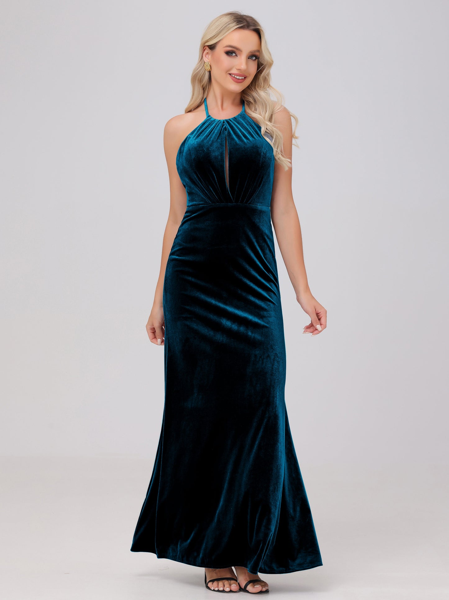 Sheath Halter Floor Length Open Back Velvet Bridesmaid Dresses
