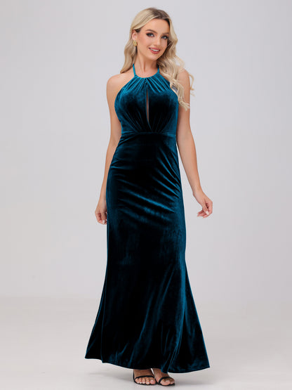 Sheath Halter Floor Length Open Back Velvet Bridesmaid Dresses