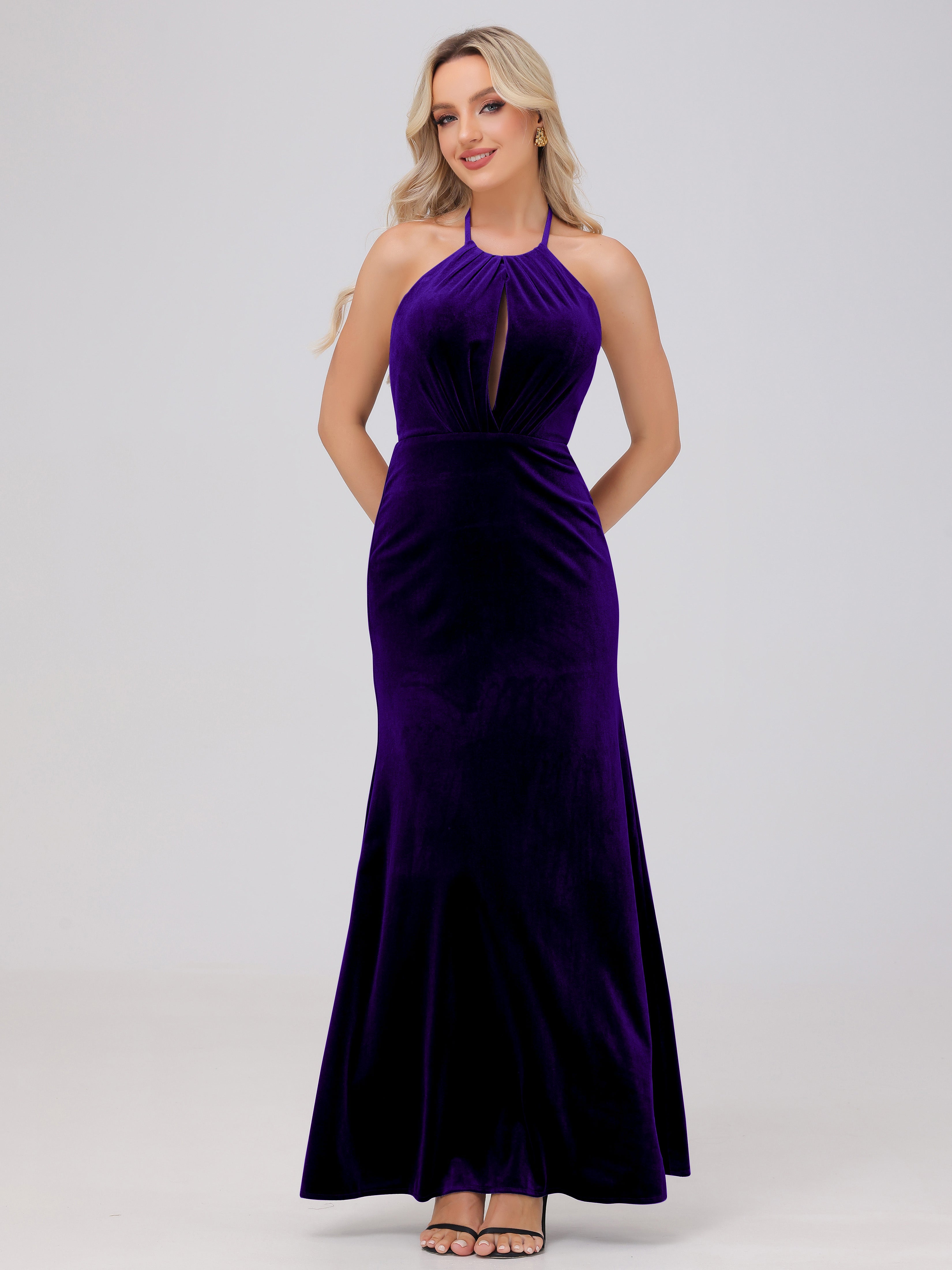 Sheath Halter Floor Length Open Back Velvet Bridesmaid Dresses