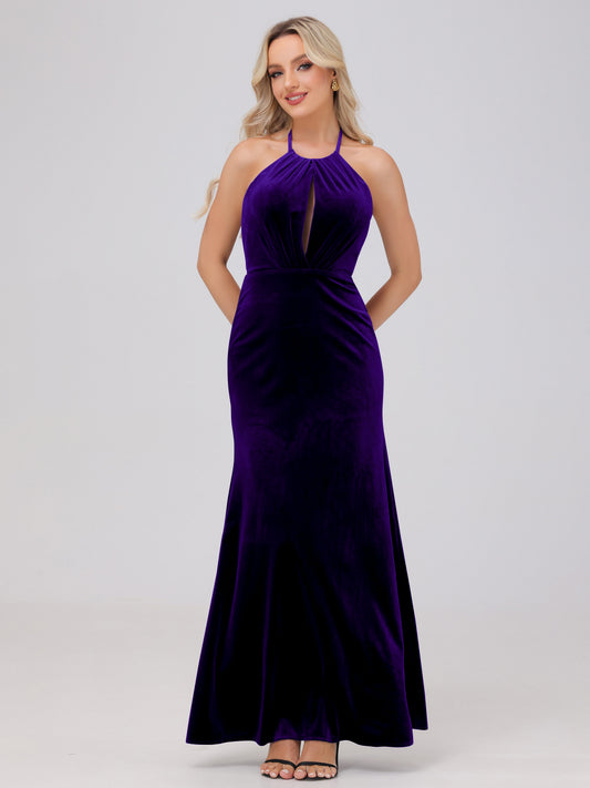 Sheath Halter Floor Length Open Back Velvet Bridesmaid Dresses