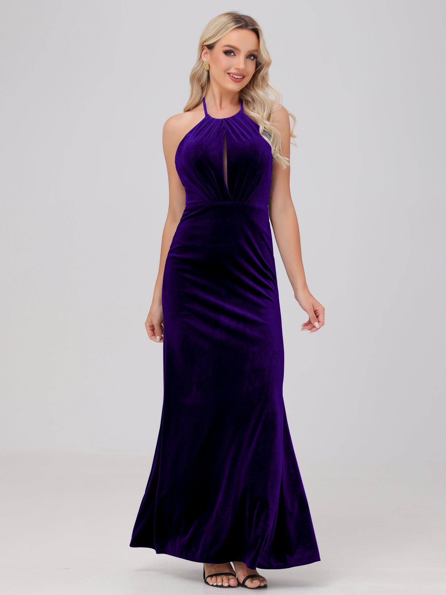 Sheath Halter Floor Length Open Back Velvet Bridesmaid Dresses