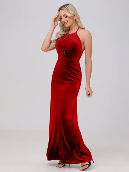 Sheath Halter Floor Length Open Back Velvet Bridesmaid Dresses