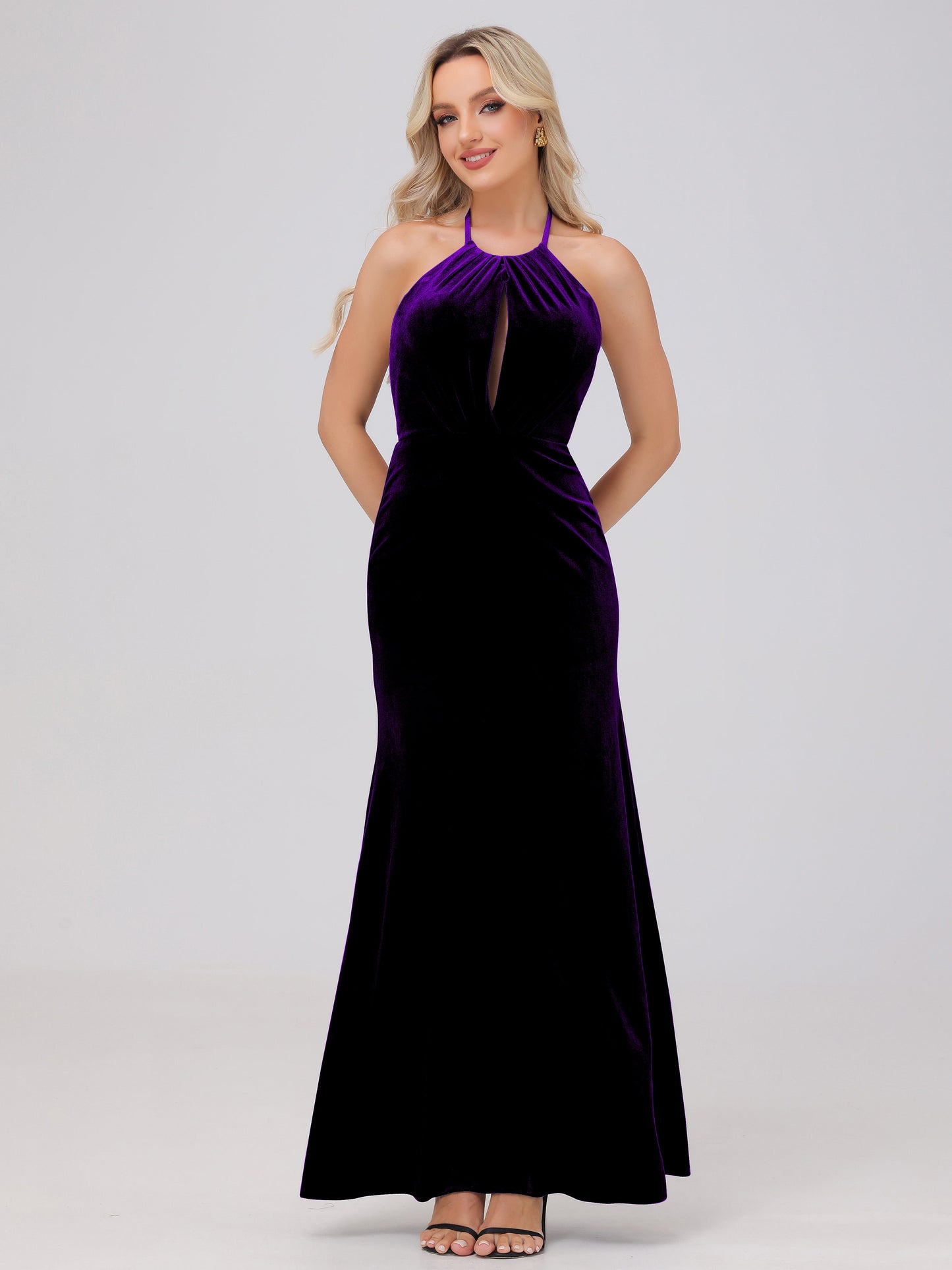 Sheath Halter Floor Length Open Back Velvet Bridesmaid Dresses
