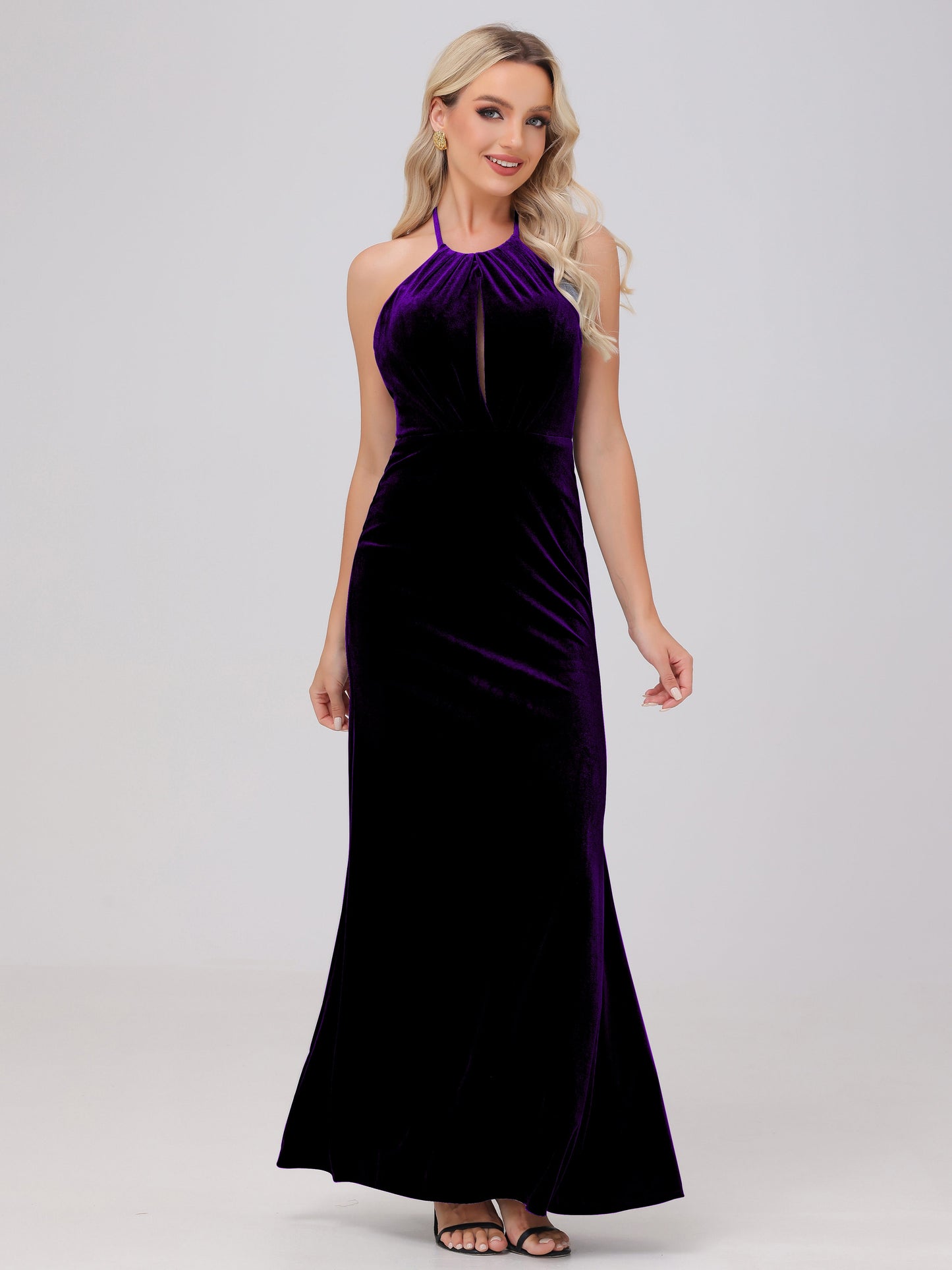 Sheath Halter Floor Length Open Back Velvet Bridesmaid Dresses