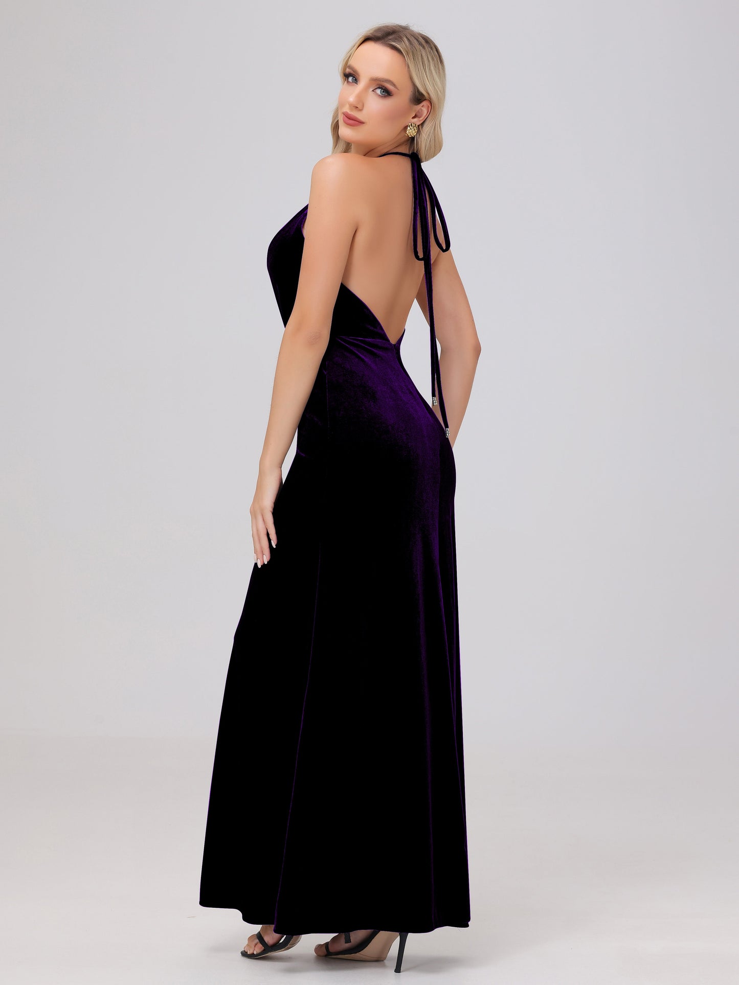 Sheath Halter Floor Length Open Back Velvet Bridesmaid Dresses