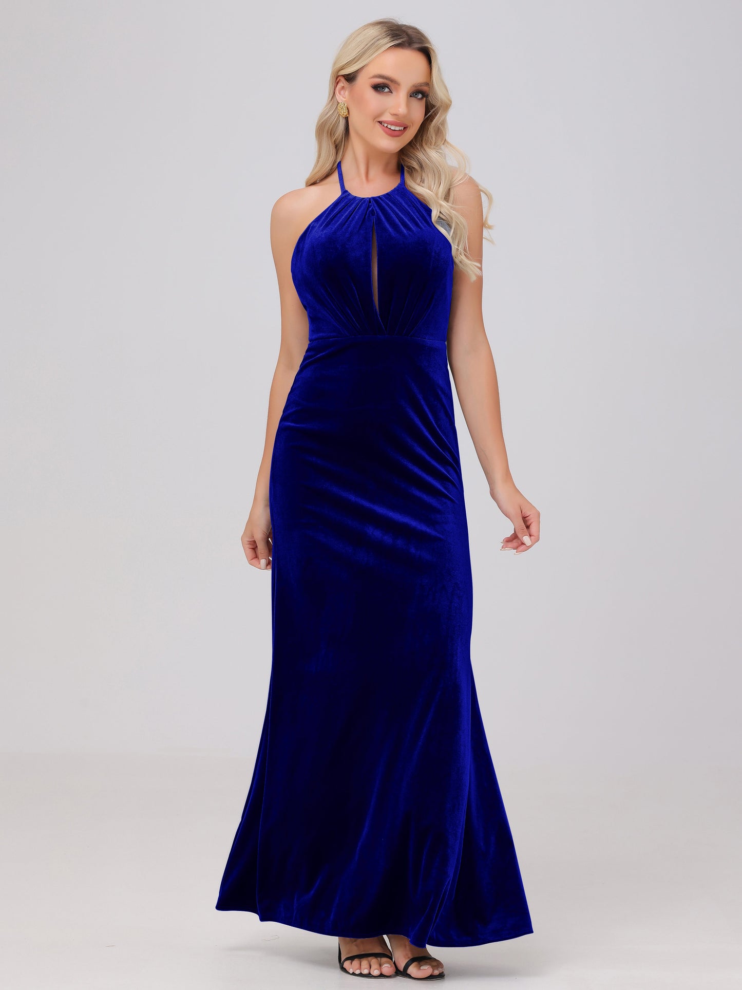 Sheath Halter Floor Length Open Back Velvet Bridesmaid Dresses