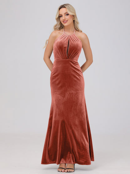 Sheath Halter Floor Length Open Back Velvet Bridesmaid Dresses