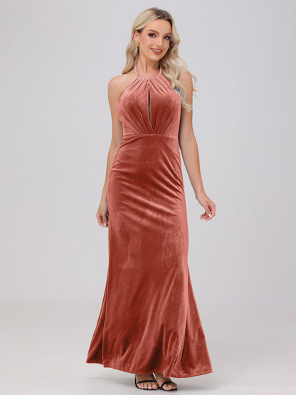 Sheath Halter Floor Length Open Back Velvet Bridesmaid Dresses