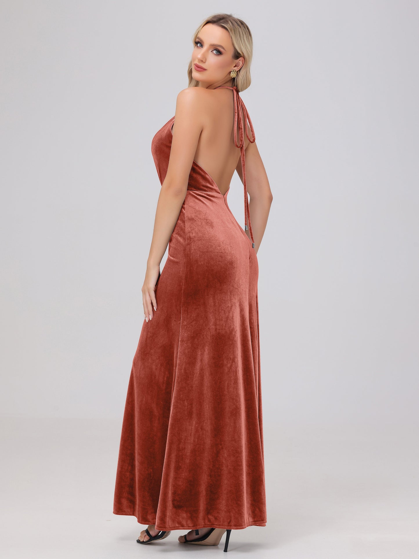 Sheath Halter Floor Length Open Back Velvet Bridesmaid Dresses