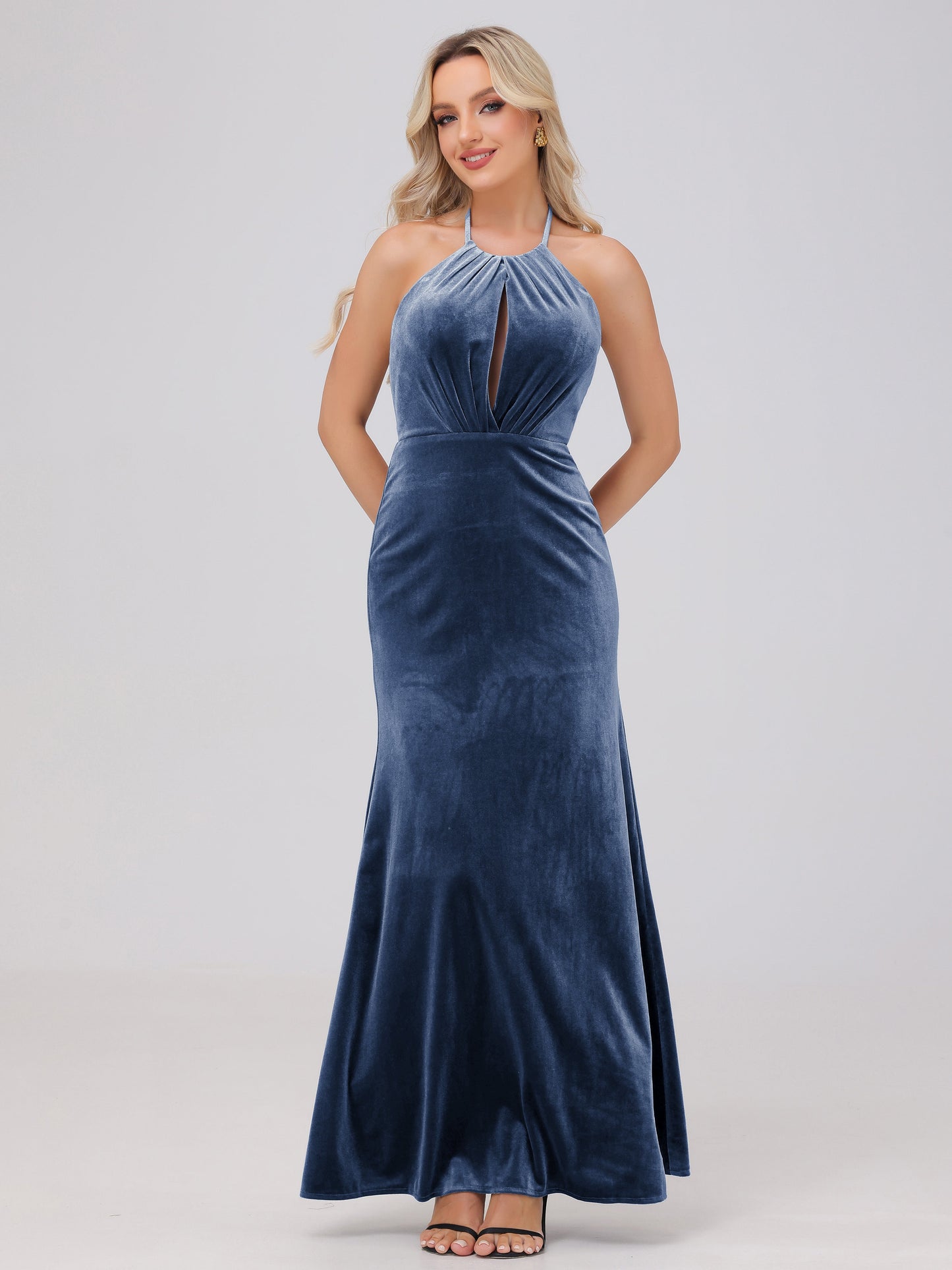 Sheath Halter Floor Length Open Back Velvet Bridesmaid Dresses