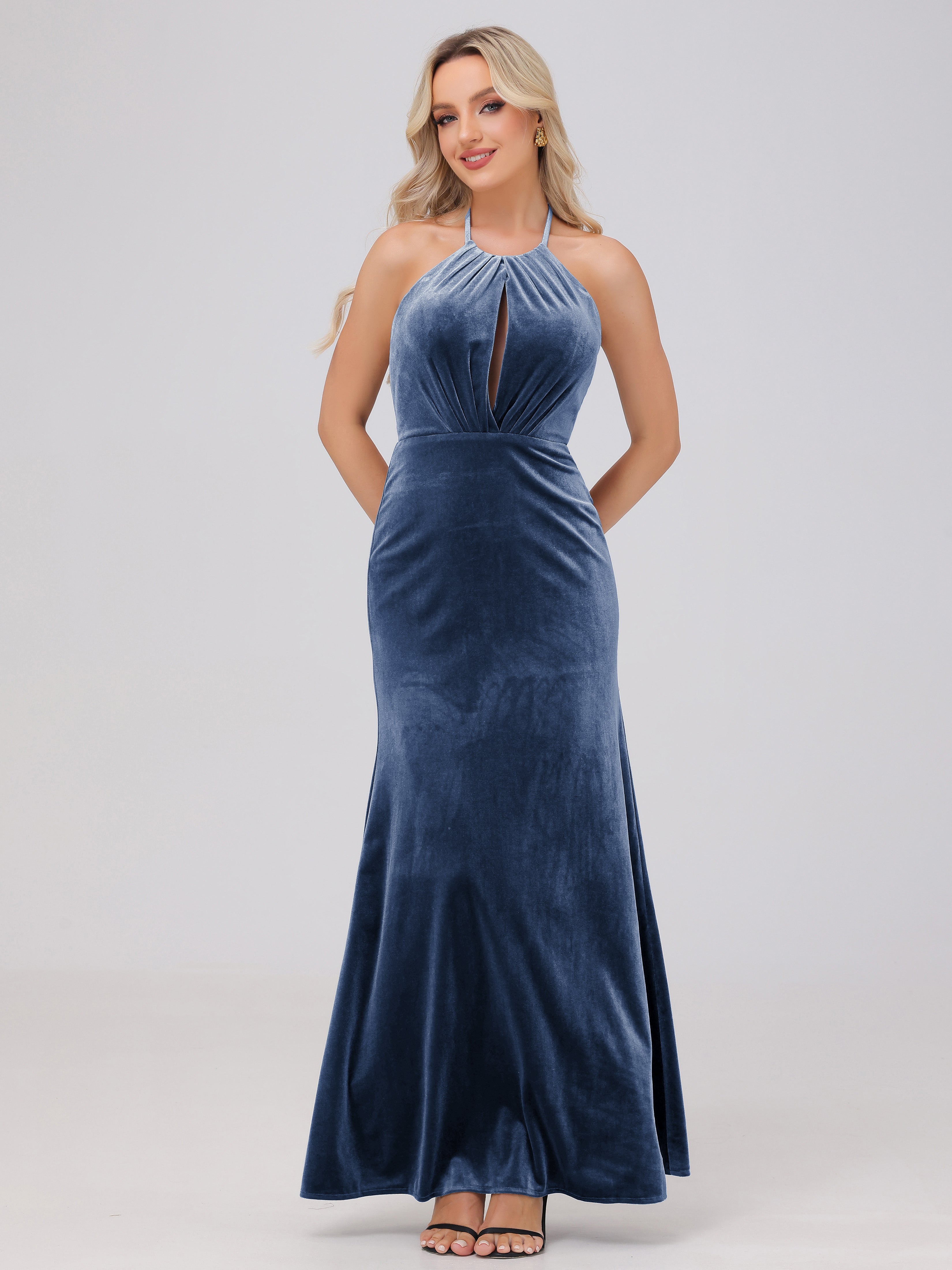 Sheath Halter Floor Length Open Back Velvet Bridesmaid Dresses