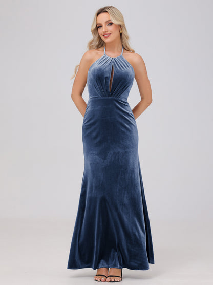 Sheath Halter Floor Length Open Back Velvet Bridesmaid Dresses