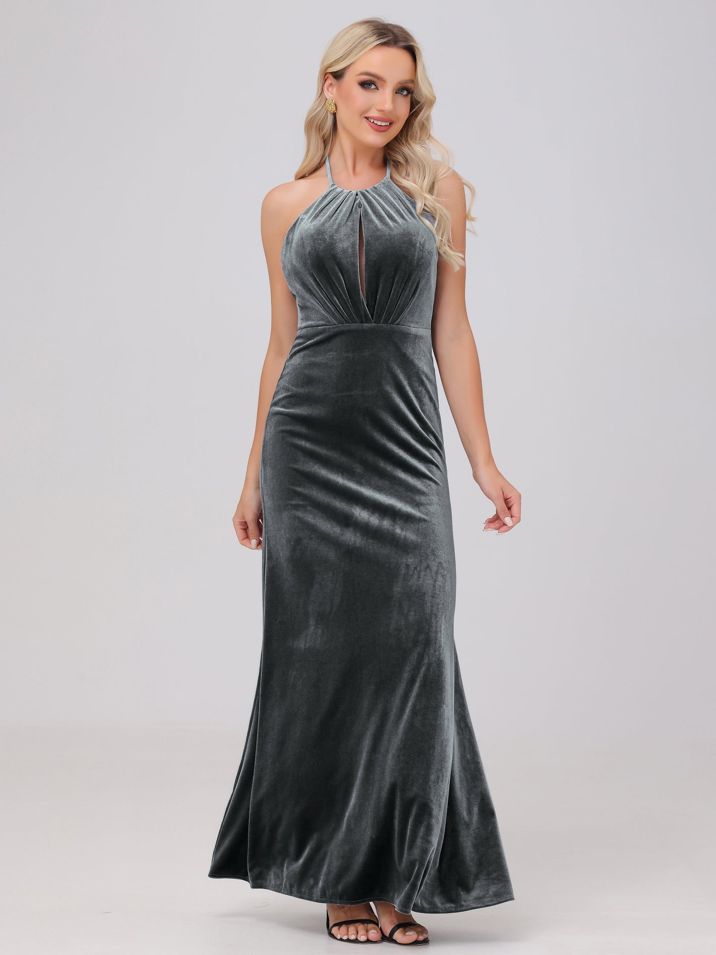 Sheath Halter Floor Length Open Back Velvet Bridesmaid Dresses