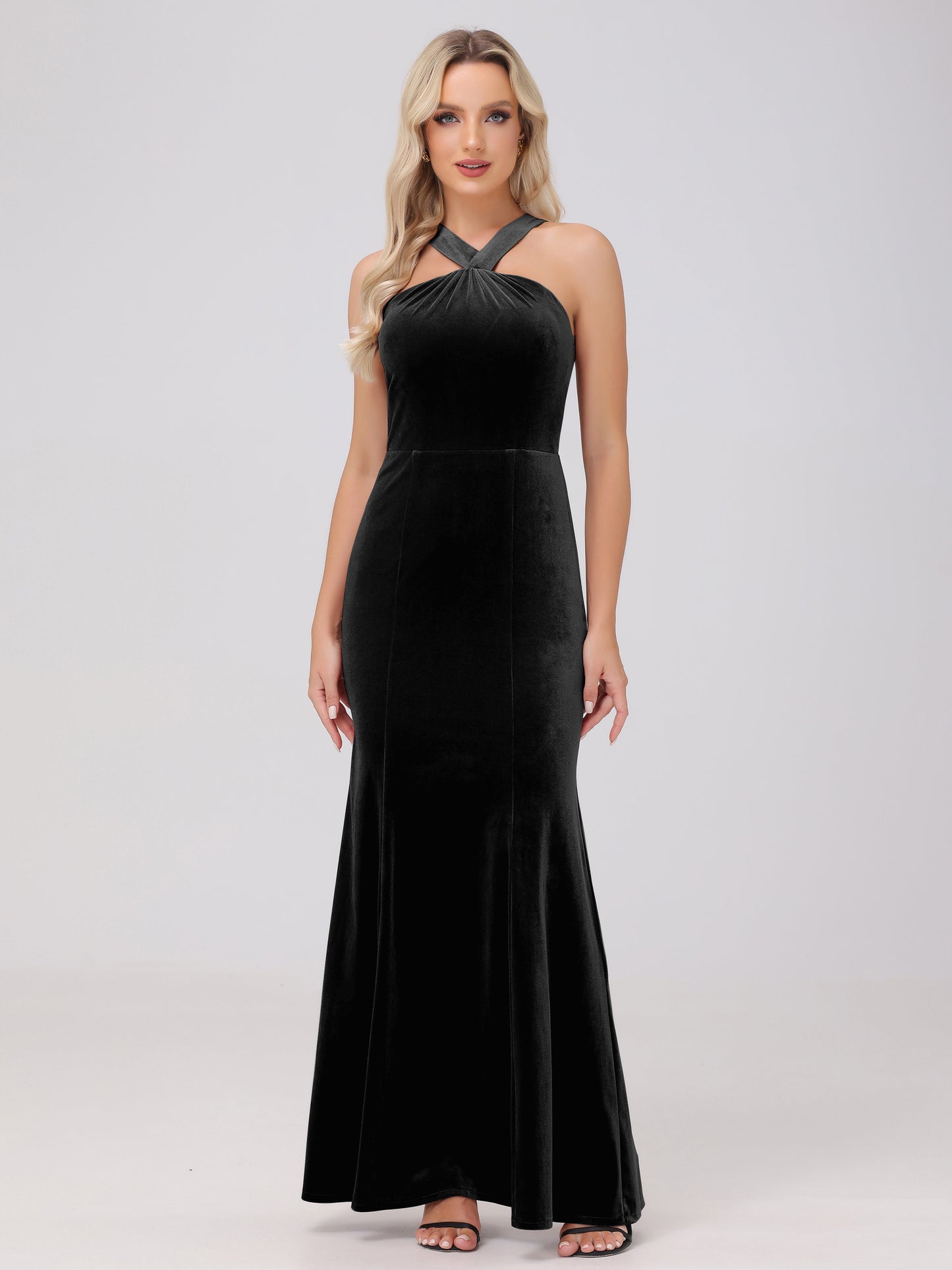 Sheath Halter Sleeveless Open Back Maxi Velvet Bridesmaid Dresses