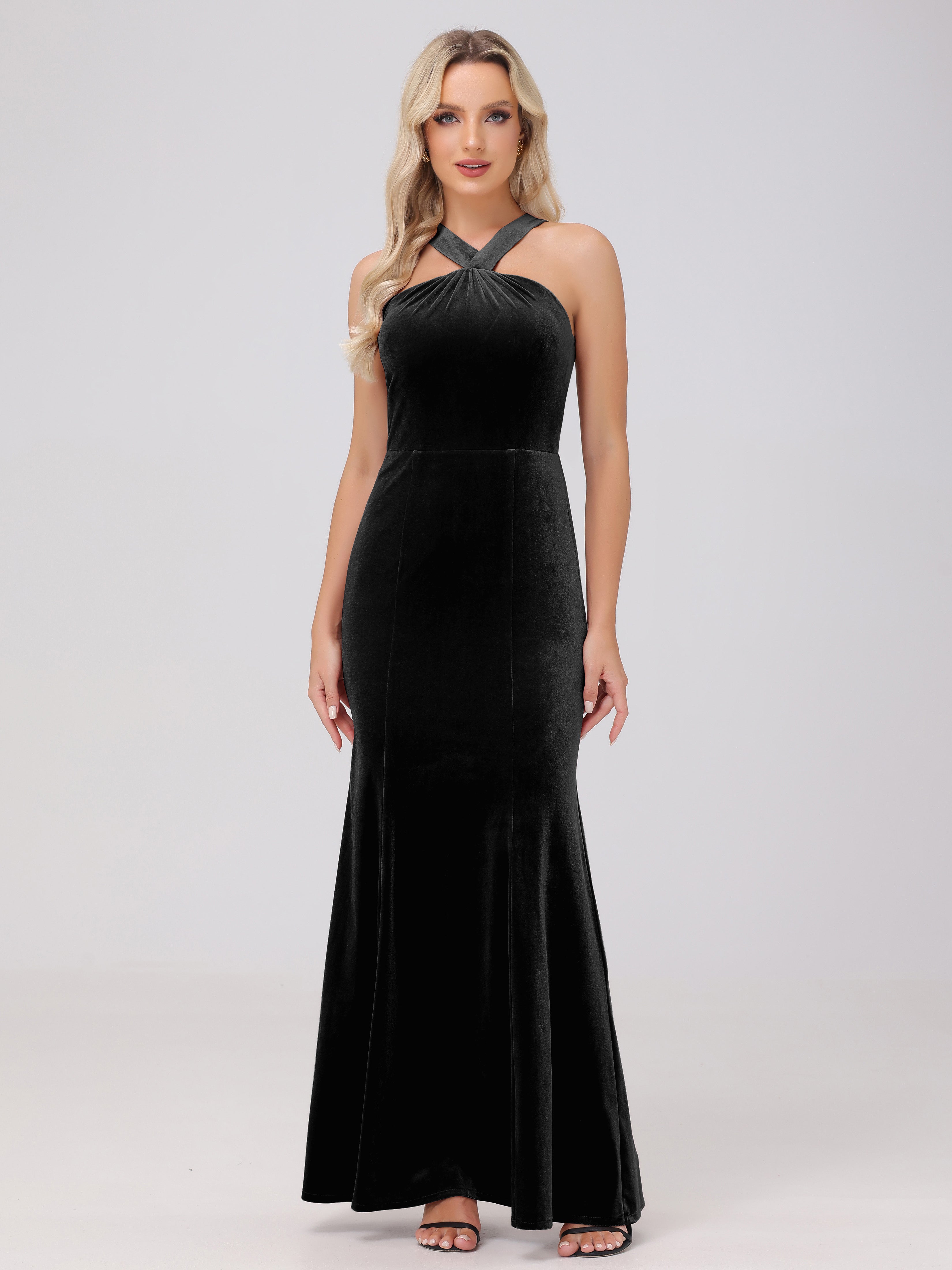 Sheath Halter Sleeveless Open Back Maxi Velvet Bridesmaid Dresses