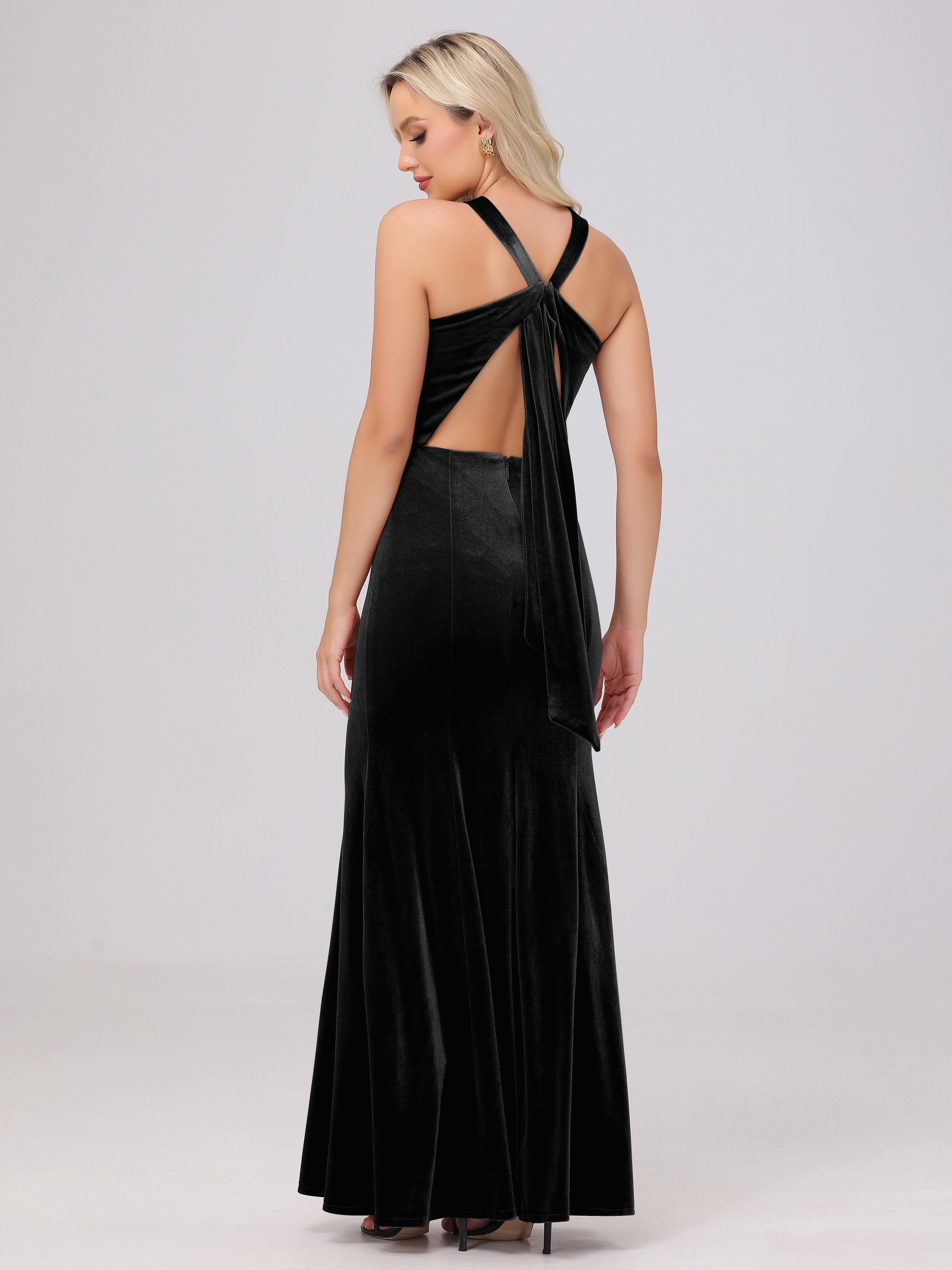 Sheath Halter Sleeveless Open Back Maxi Velvet Bridesmaid Dresses