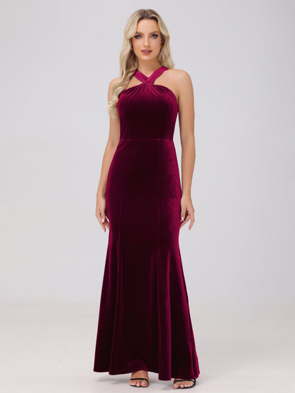 Sheath Halter Sleeveless Open Back Maxi Velvet Bridesmaid Dresses