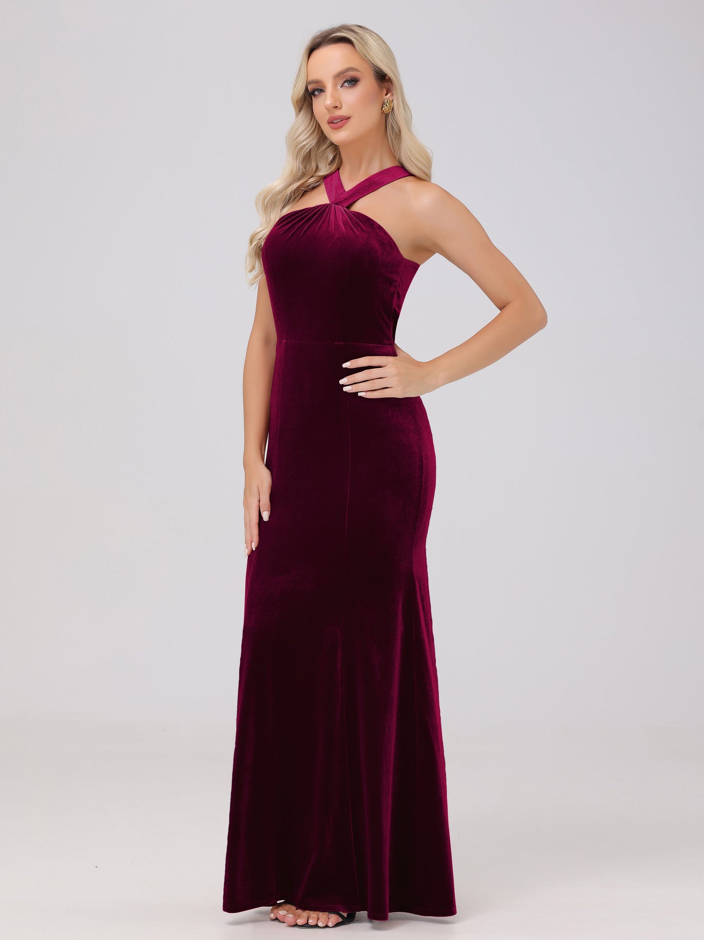 Sheath Halter Sleeveless Open Back Maxi Velvet Bridesmaid Dresses