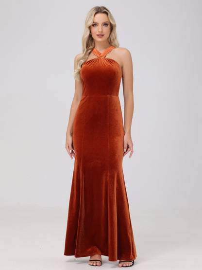 Sheath Halter Sleeveless Open Back Maxi Velvet Bridesmaid Dresses