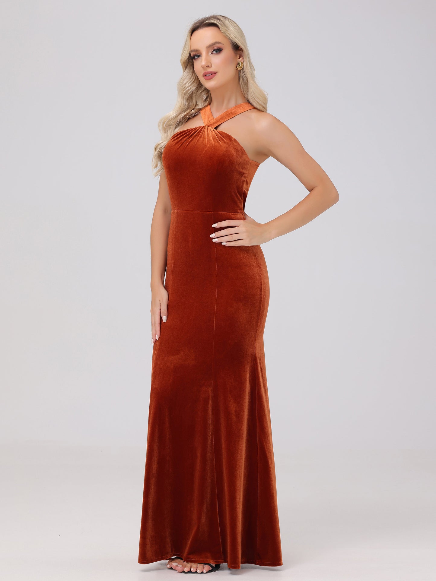 Sheath Halter Sleeveless Open Back Maxi Velvet Bridesmaid Dresses