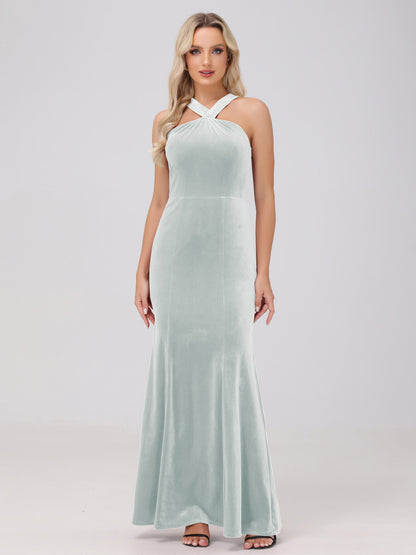 Sheath Halter Sleeveless Open Back Maxi Velvet Bridesmaid Dresses