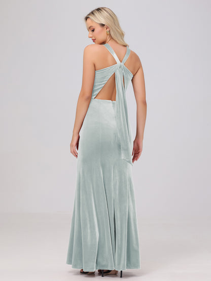 Sheath Halter Sleeveless Open Back Maxi Velvet Bridesmaid Dresses