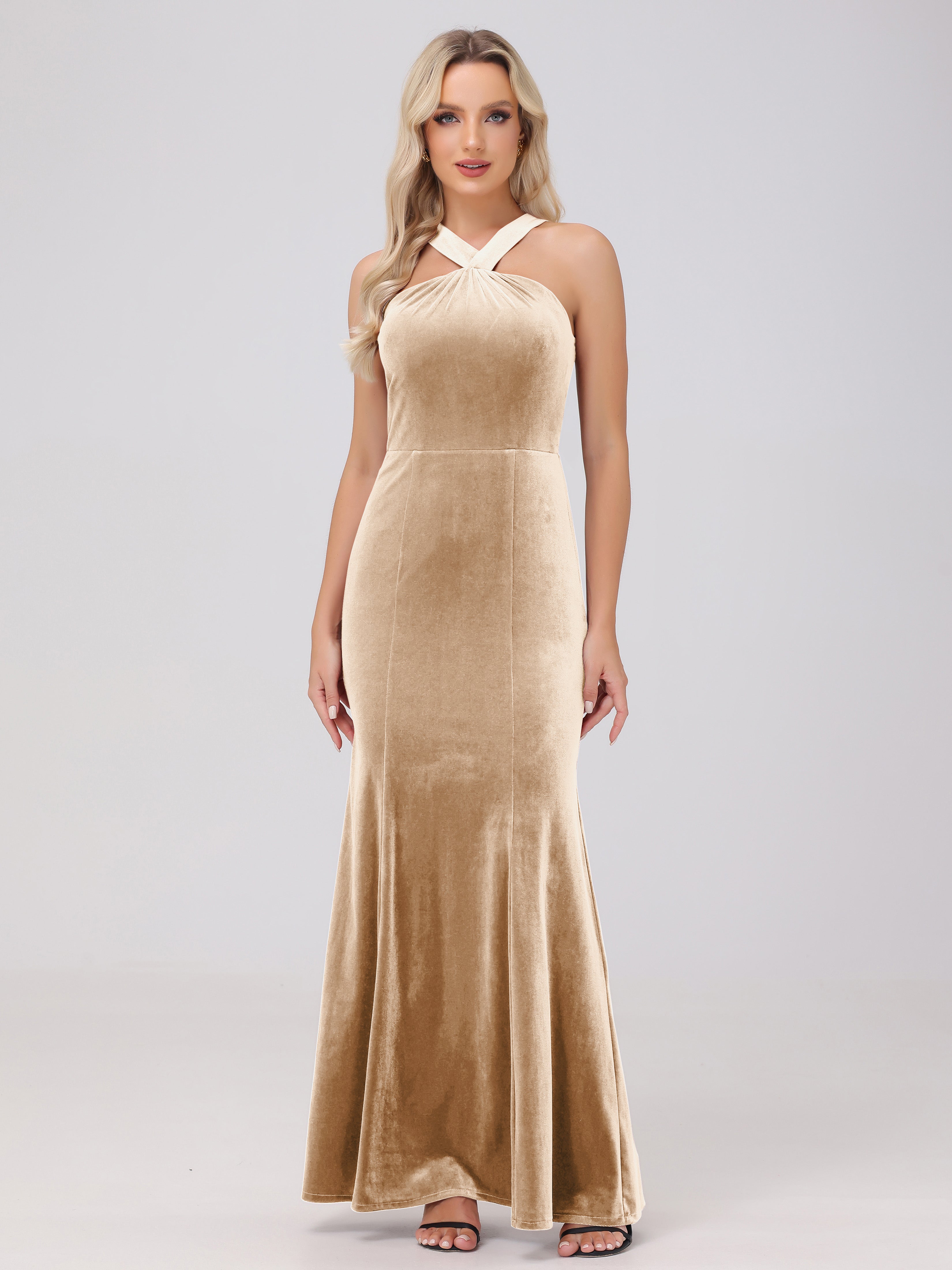 Sheath Halter Sleeveless Open Back Maxi Velvet Bridesmaid Dresses