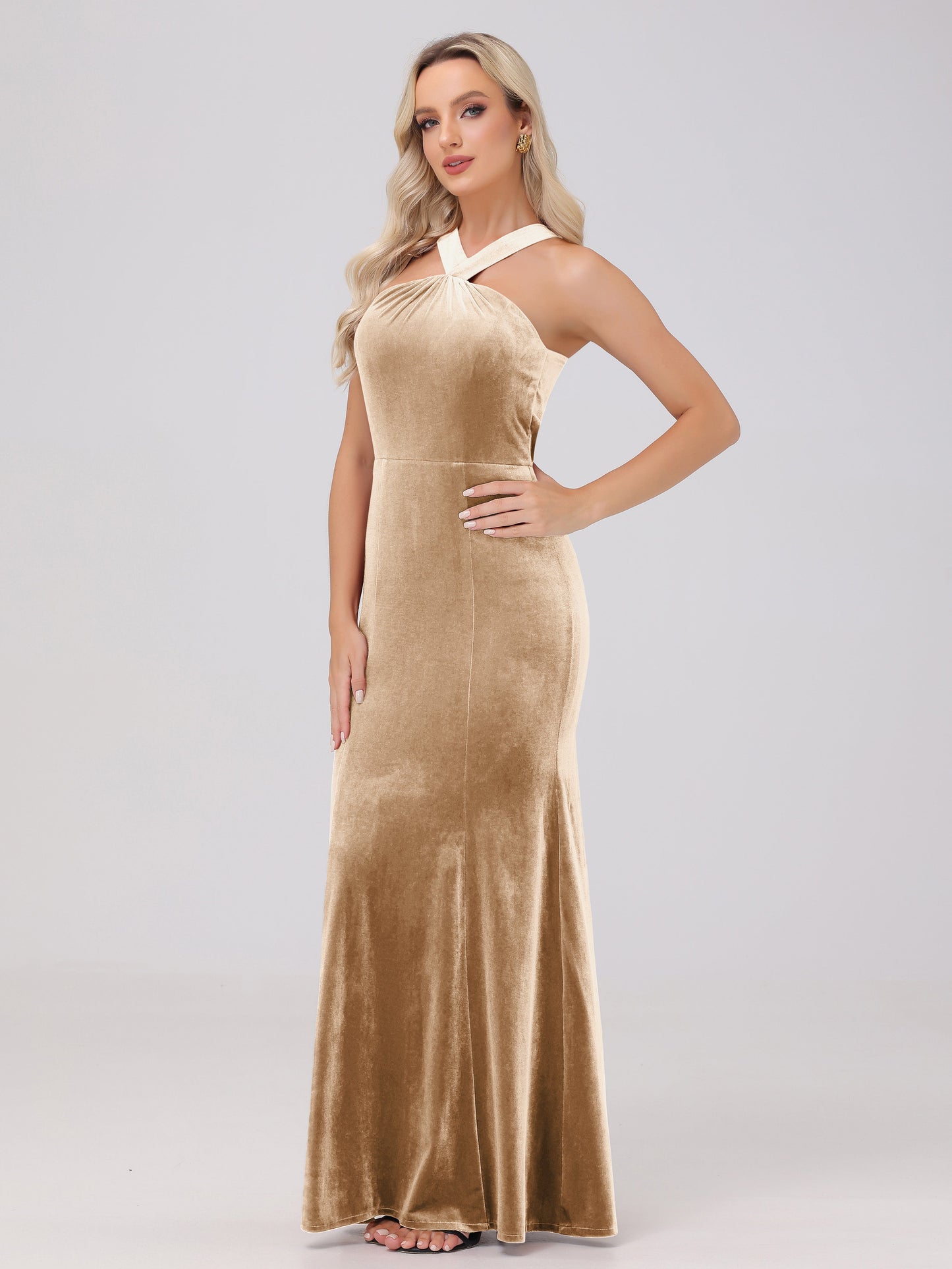 Sheath Halter Sleeveless Open Back Maxi Velvet Bridesmaid Dresses