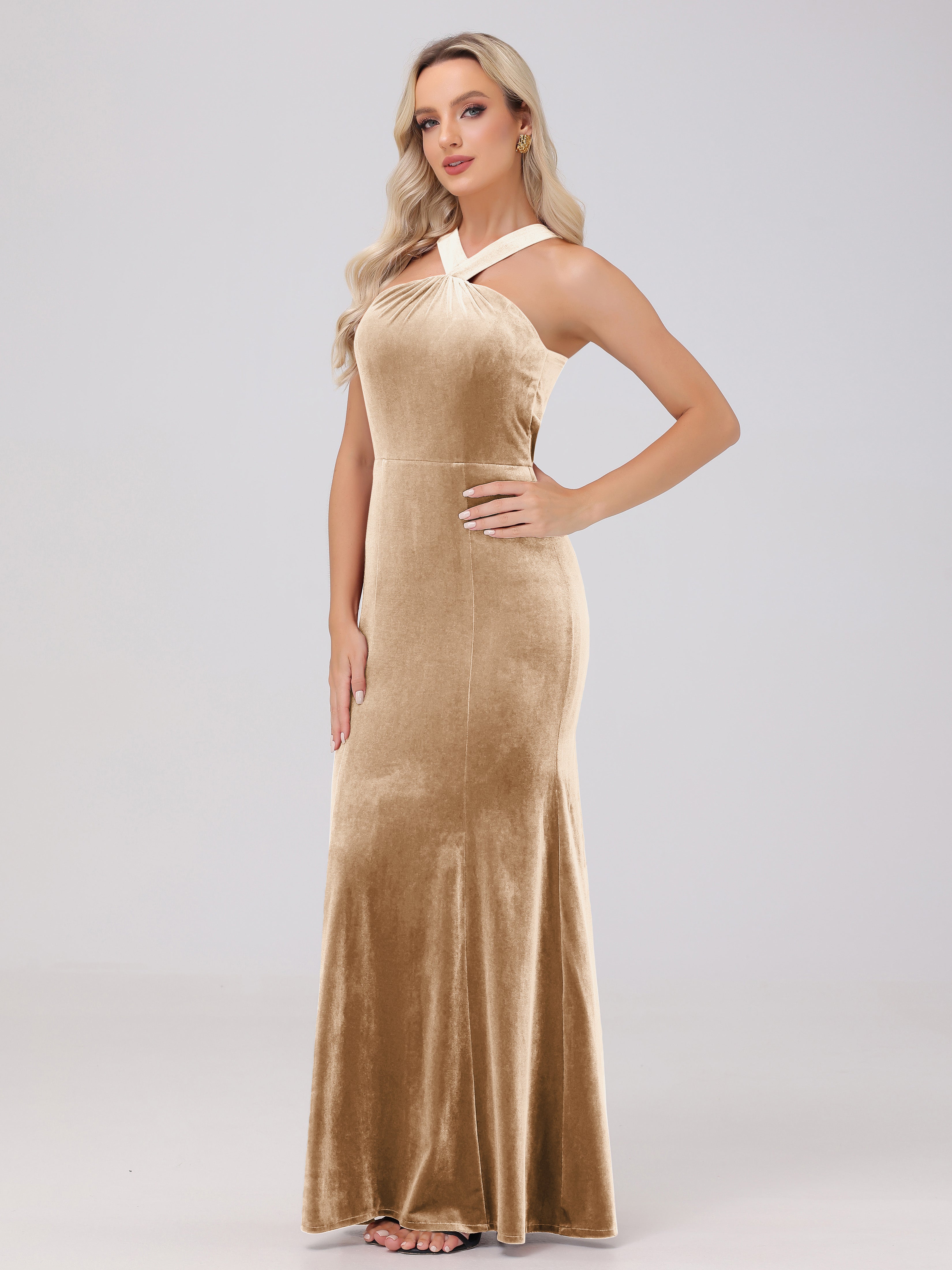 Sheath Halter Sleeveless Open Back Maxi Velvet Bridesmaid Dresses