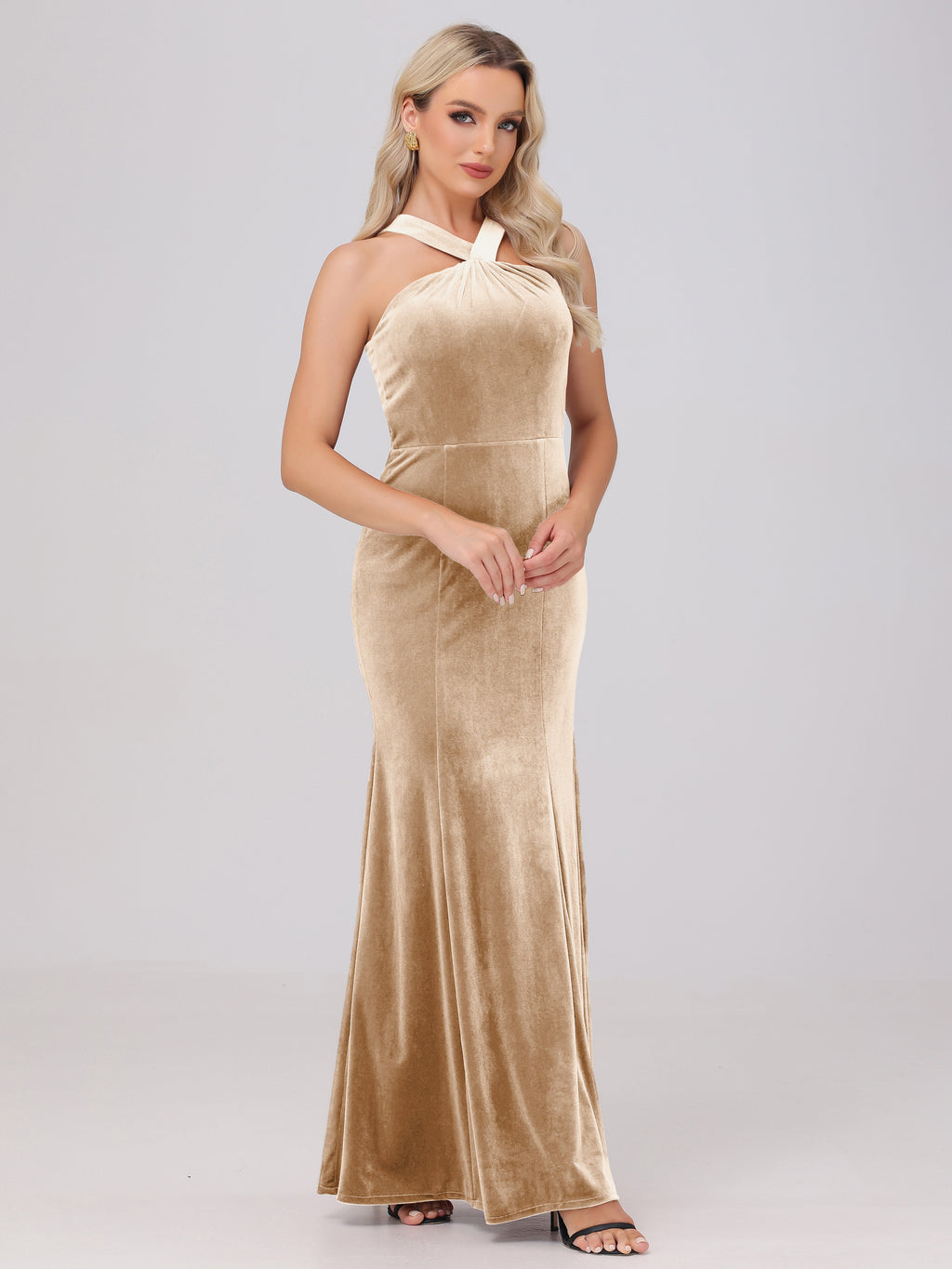Sheath Halter Sleeveless Open Back Maxi Velvet Bridesmaid Dresses