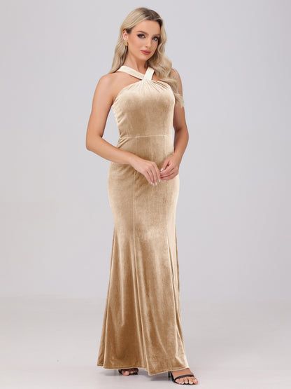 Sheath Halter Sleeveless Open Back Maxi Velvet Bridesmaid Dresses